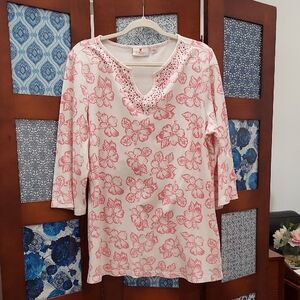 Quacker Factory Top, Size Large, Sparkle Bead Tunic, Pink Floral